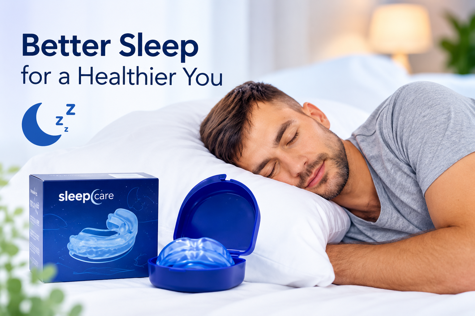 User-provided sleep lifestyle photo showing a man resting beside blue mouthpiece packaging and a storage case